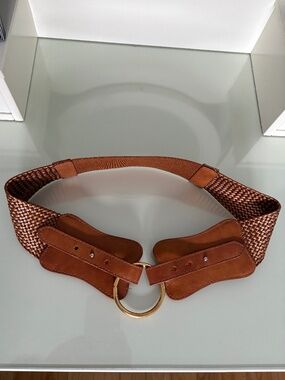 Vintage Cognac Woven Elastic Waist Belt Gold Ring 34” Boho M/L